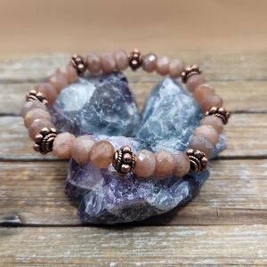 Peach Moonstone and Copper Beaded Bracelet